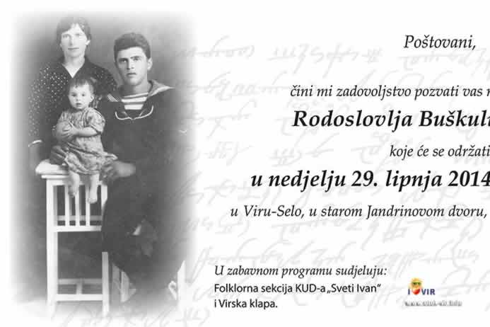 Pozivnica na promociju knjige Rodoslovlje Buškulića iz Vira